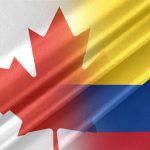 The flags of Colombia and Canada merging together to represent Immigration